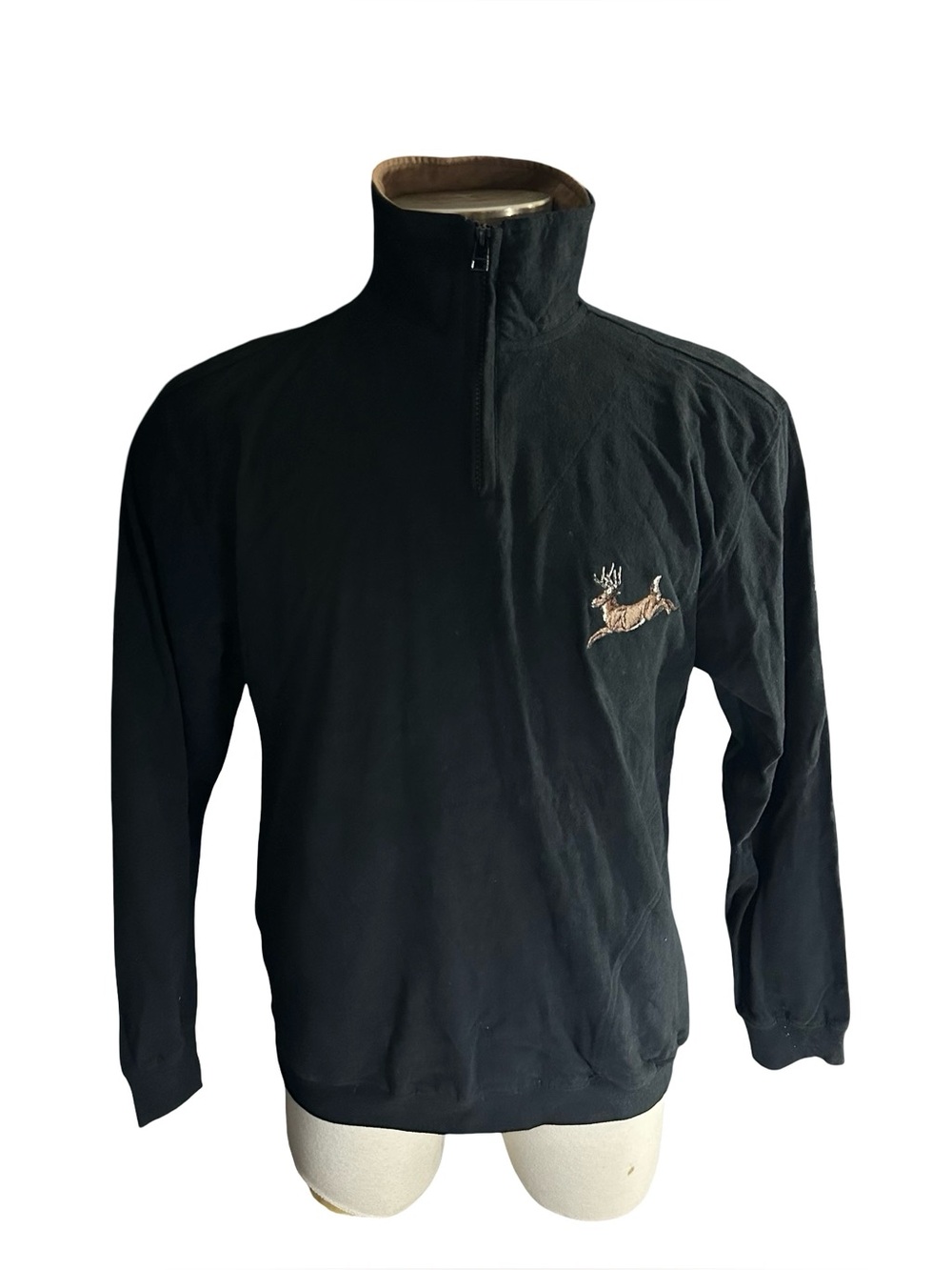 Vtg Woodland Trail Men Sz M 100% Cotton Black Quarter Zip Pullover Sweater Deer